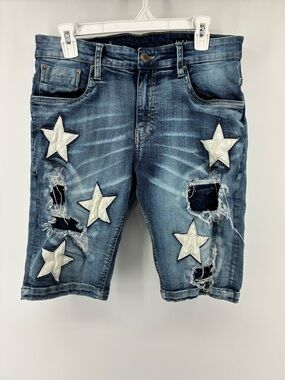 Men's Distressed Blue Denim Shorts with Star Patches